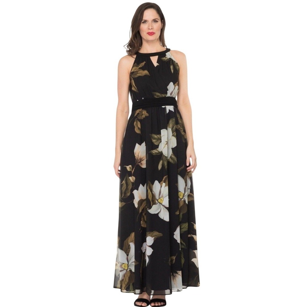 Joseph Ribkoff Floral Halter Maxi Dress Black Off White Womens 8 NEW Guest‎